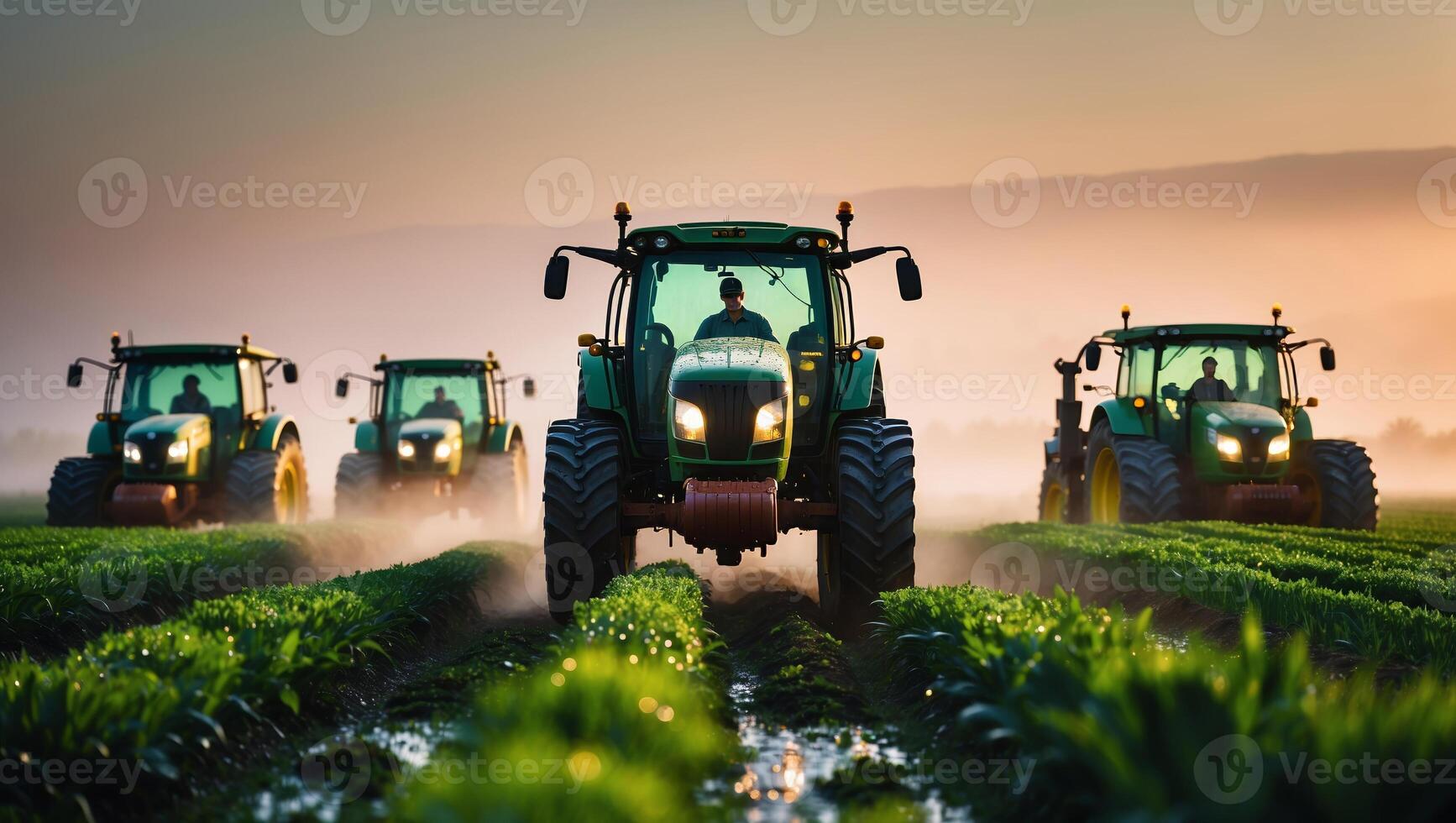 Farming tractors working together in rows during sunset in a fertile agricultural field photo