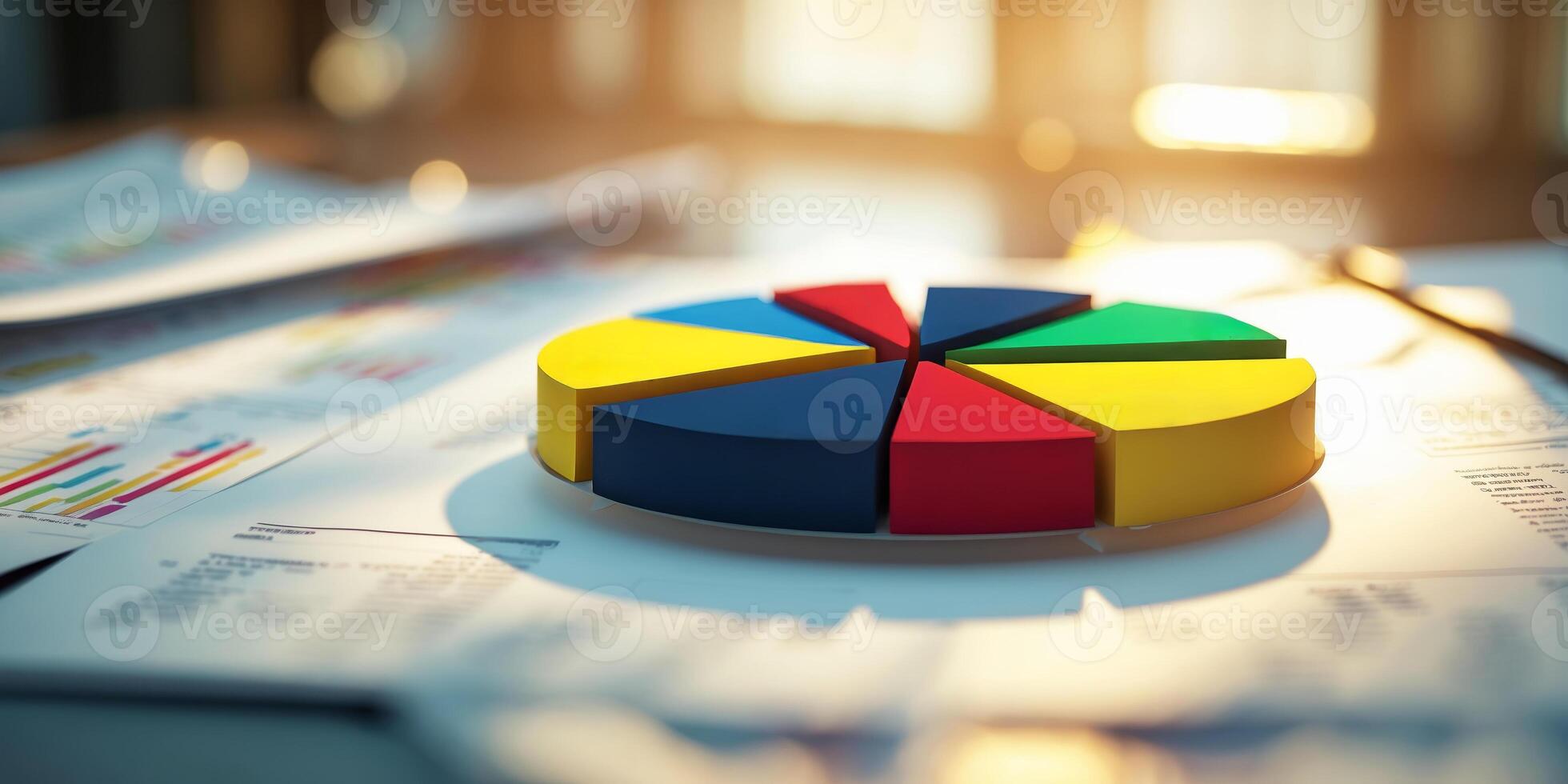 Colorful pie chart displayed on papers in a bright office environment during the afternoon photo
