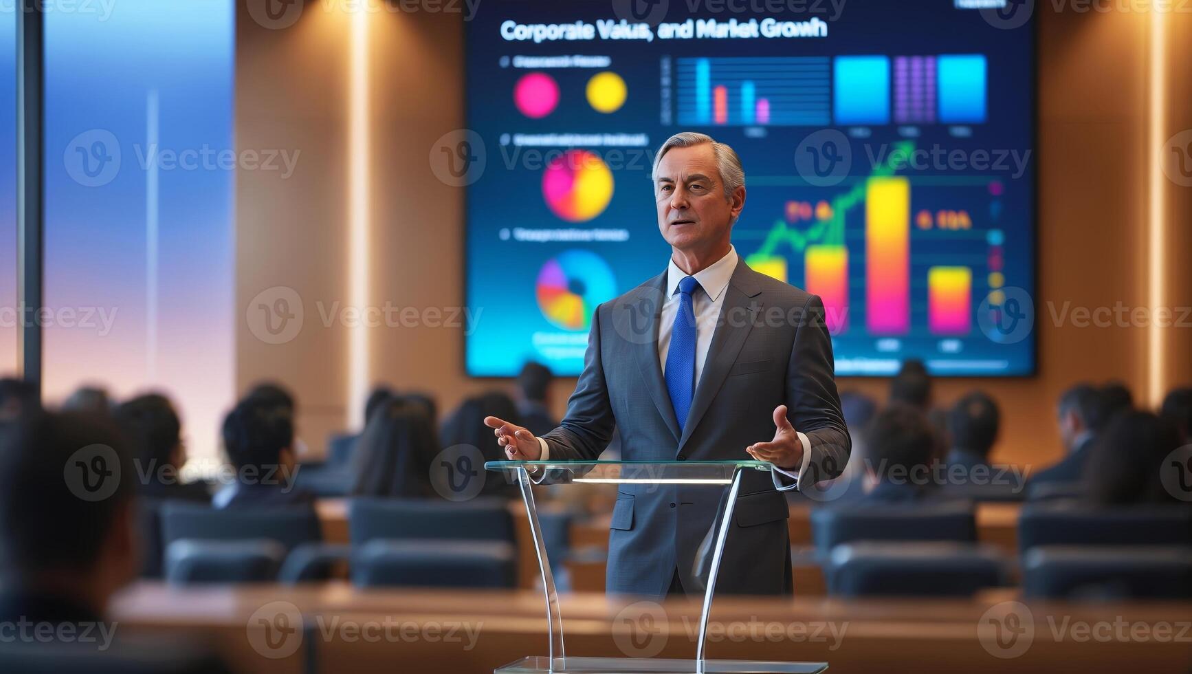 Business leader presents corporate values and market growth strategies during a conference in a modern office setting photo