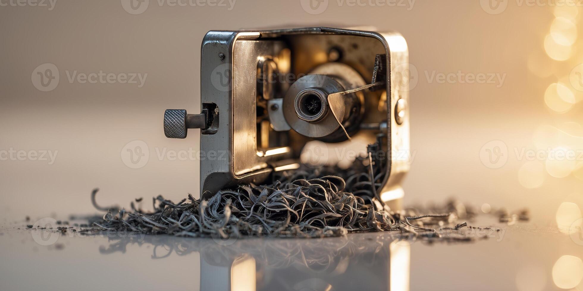Vintage sewing machine surrounded by metal shavings reflects activity in a creative workspace during the late afternoon photo