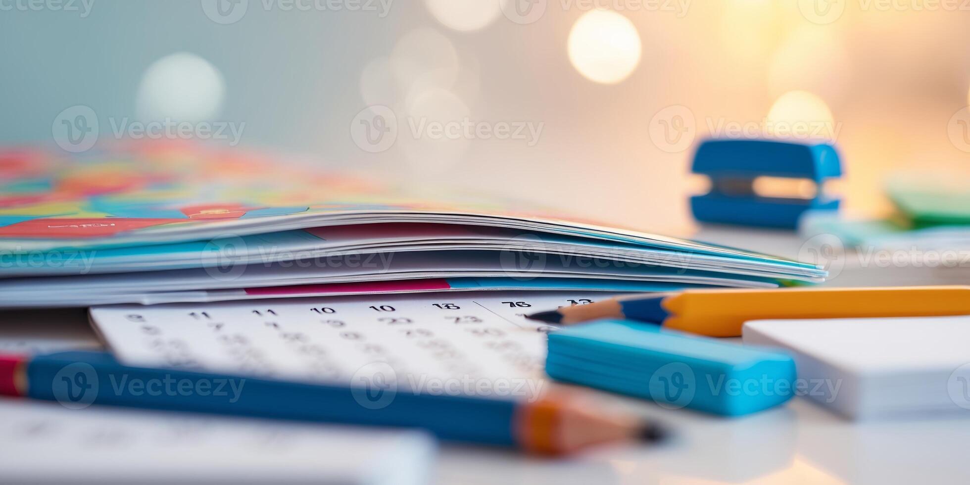 Colorful stationery and calendar essentials arranged neatly for effective planning photo