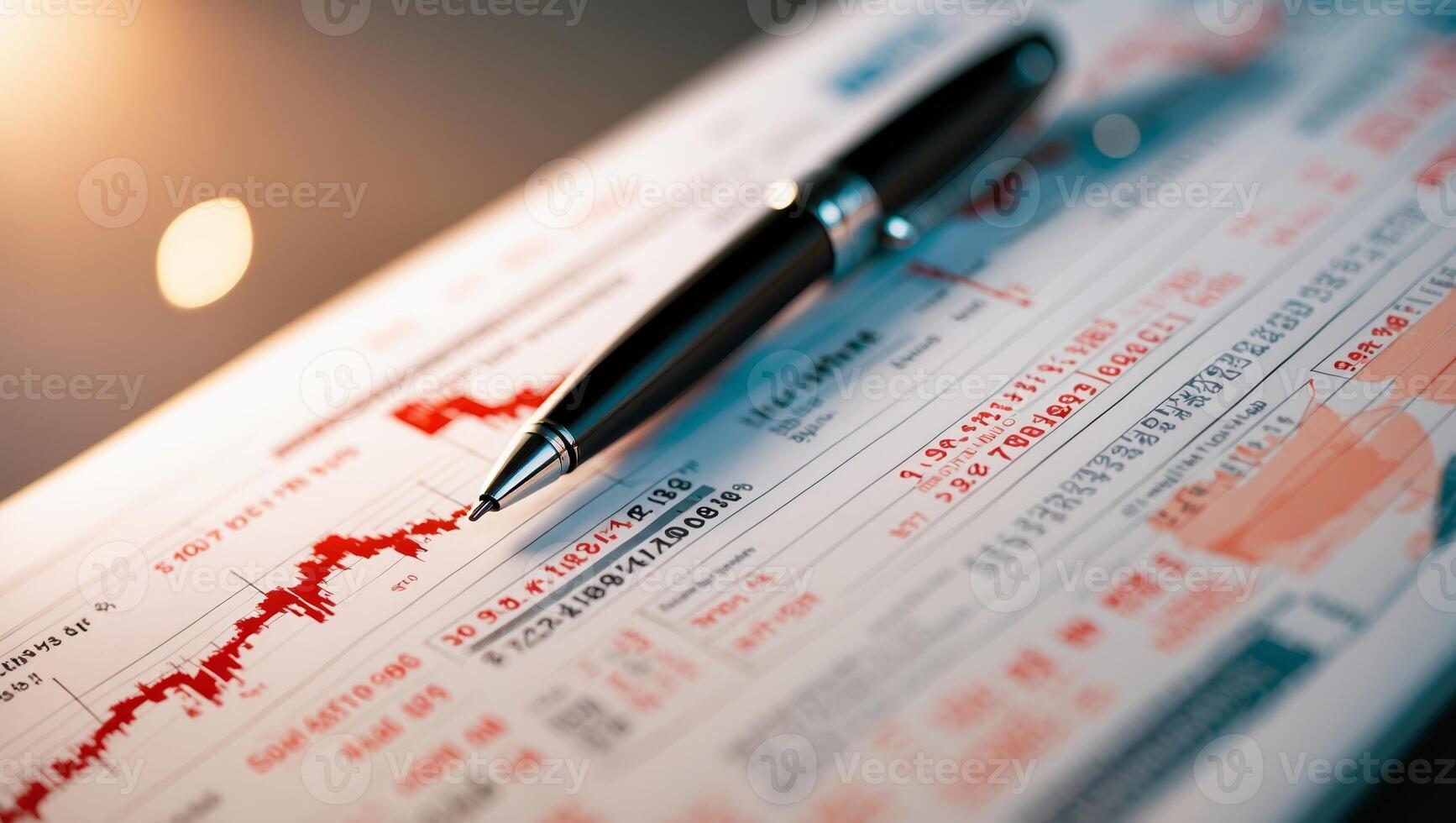 Business report analysis showcasing graphs and data with a pen resting on the documents in a professional setting photo