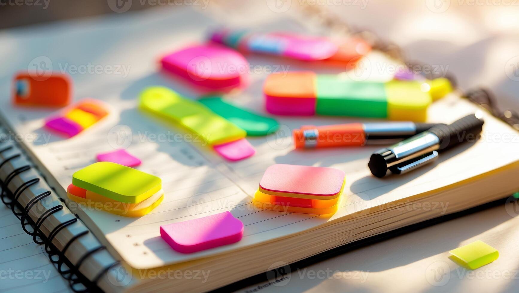 Colorful sticky notes and pens arranged on an open notebook on a bright workspace photo