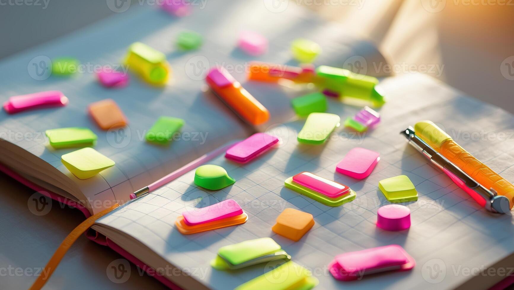 Colorful sticky notes scattered on an open notebook during afternoon sunlight photo