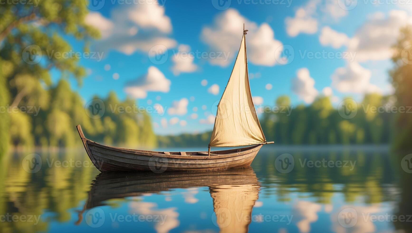 Sailing boat glides peacefully across a tranquil lake surrounded by lush greenery on a sunny day photo