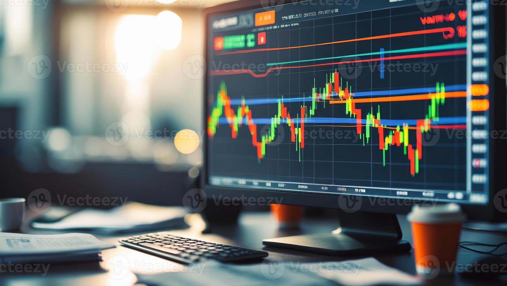 Trading strategies analyzed through candlestick charts on a desktop monitor during a financial session photo