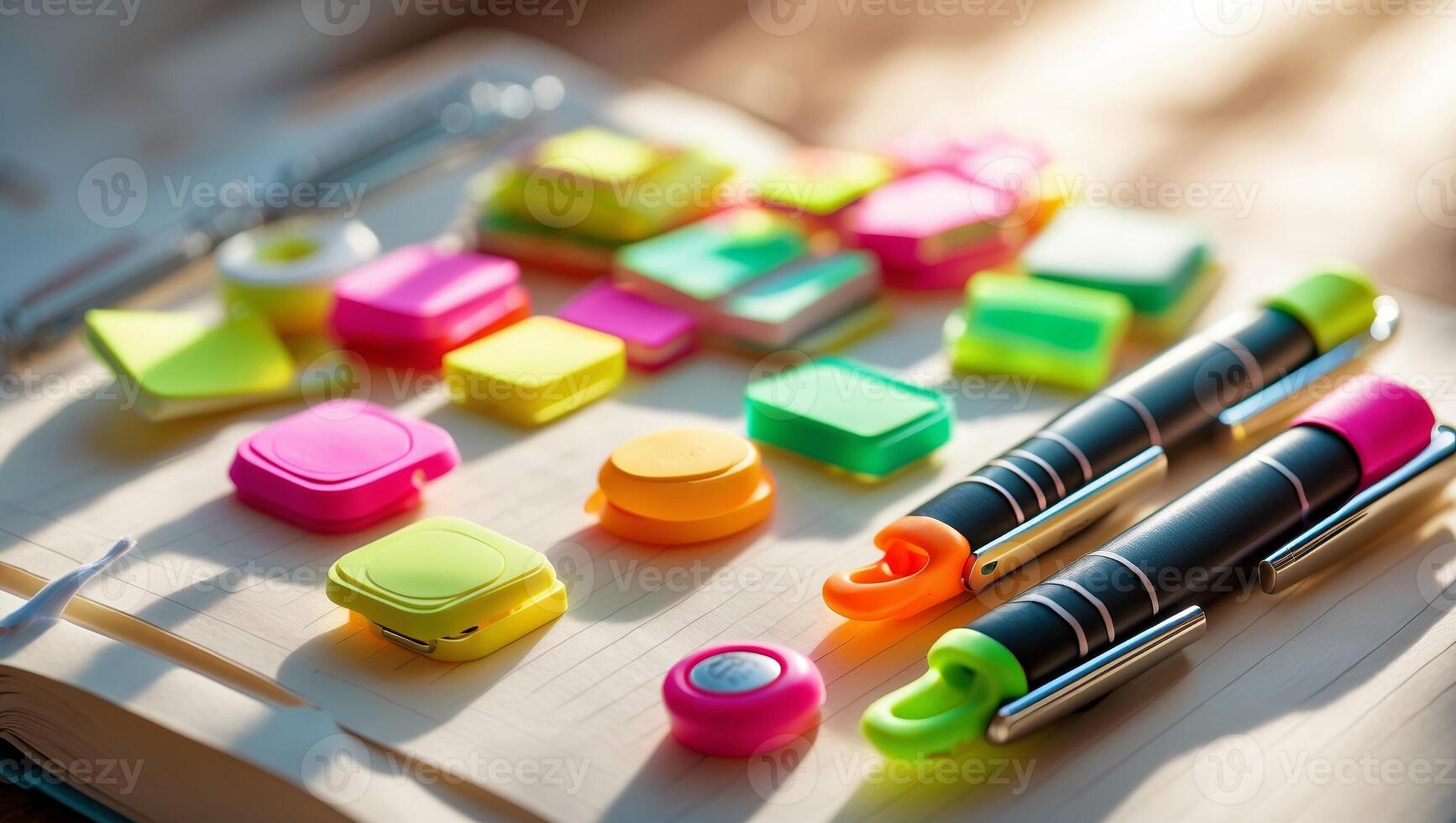 Colorful study materials and stationery arranged on a notebook during bright daytime photo