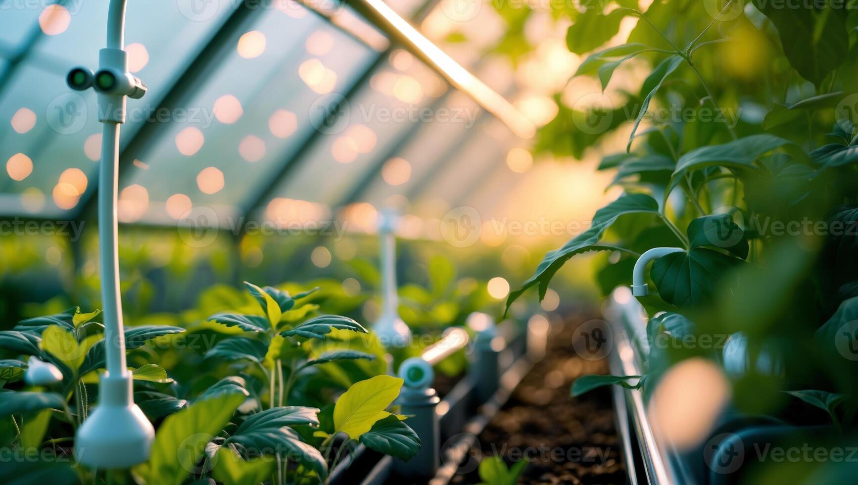 Greenhouse cultivation with vibrant plants thriving in warm sunlight during the growing season photo