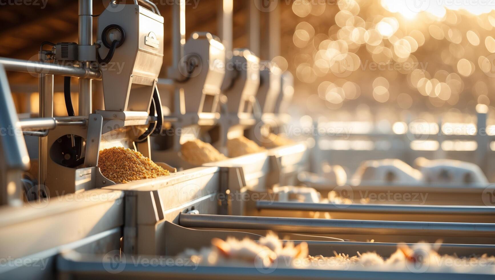 Feeding time at a farm during golden hour with sunlight illuminating the feeding troughs and animals nearby photo
