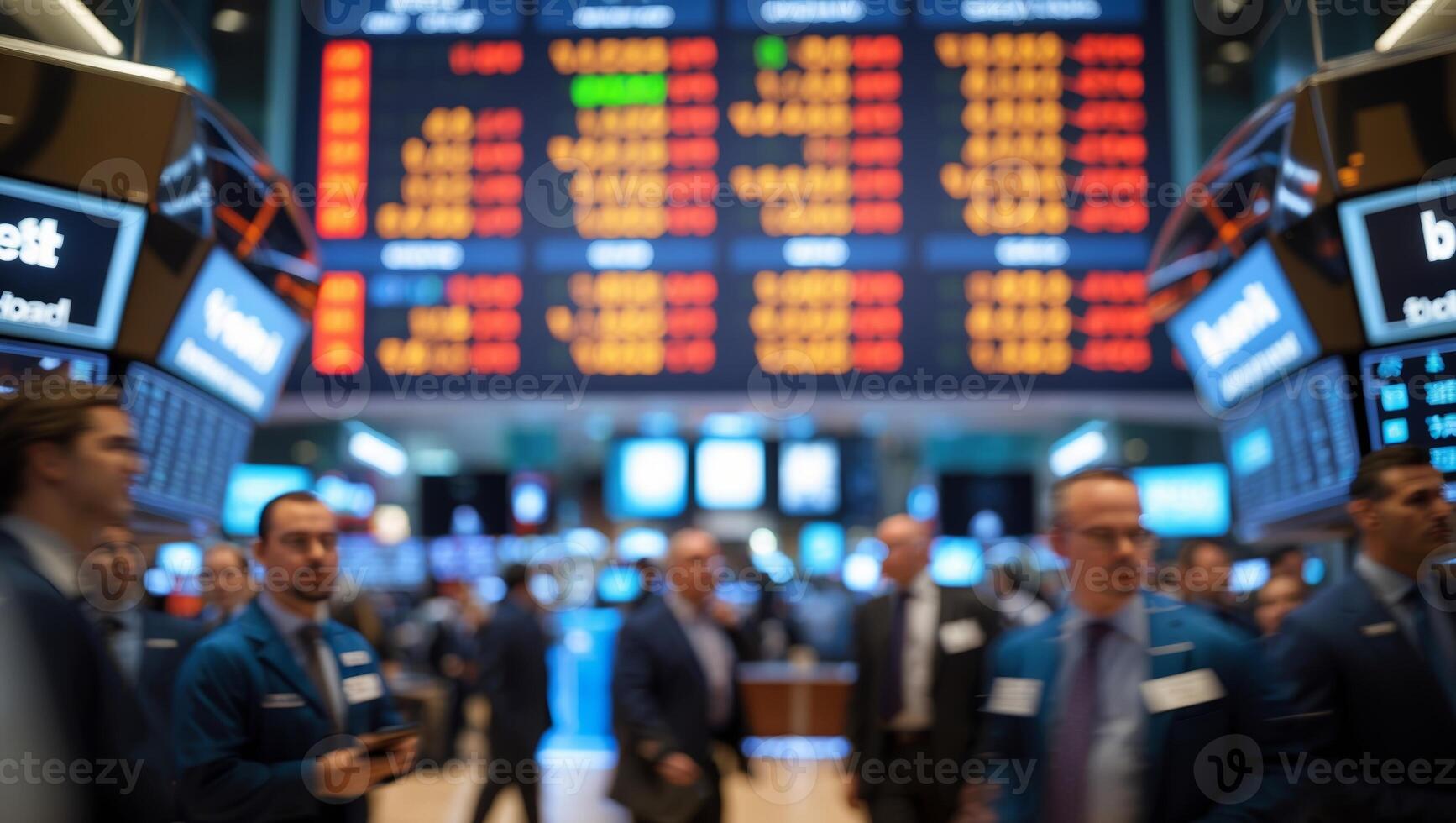 Trading activity in a busy financial market with displays showing stock prices and traders at work during a trading session photo