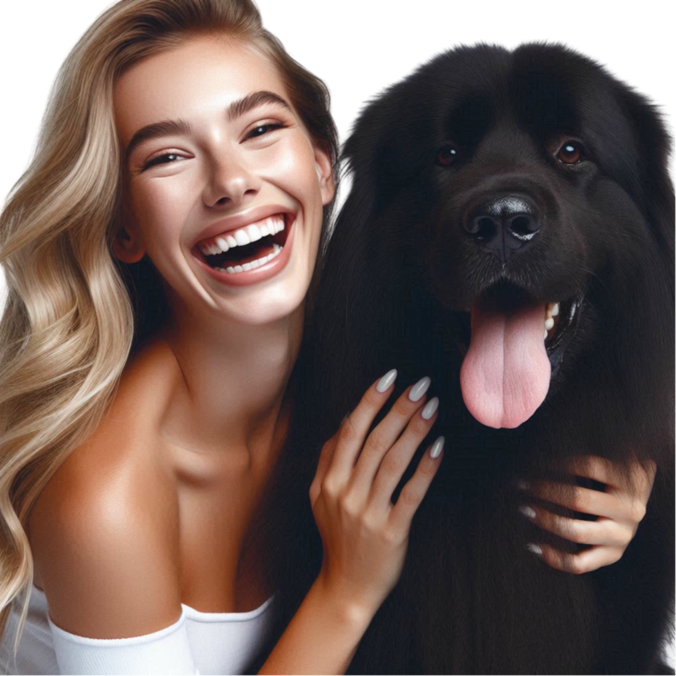Happy Woman with a Fluffy Black Dog Smiling Together png