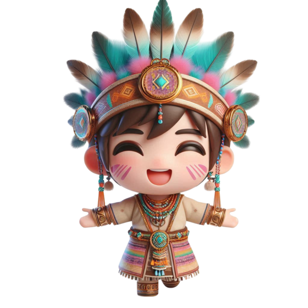 Cute Cartoon Native American Child in Feathered Headdress png