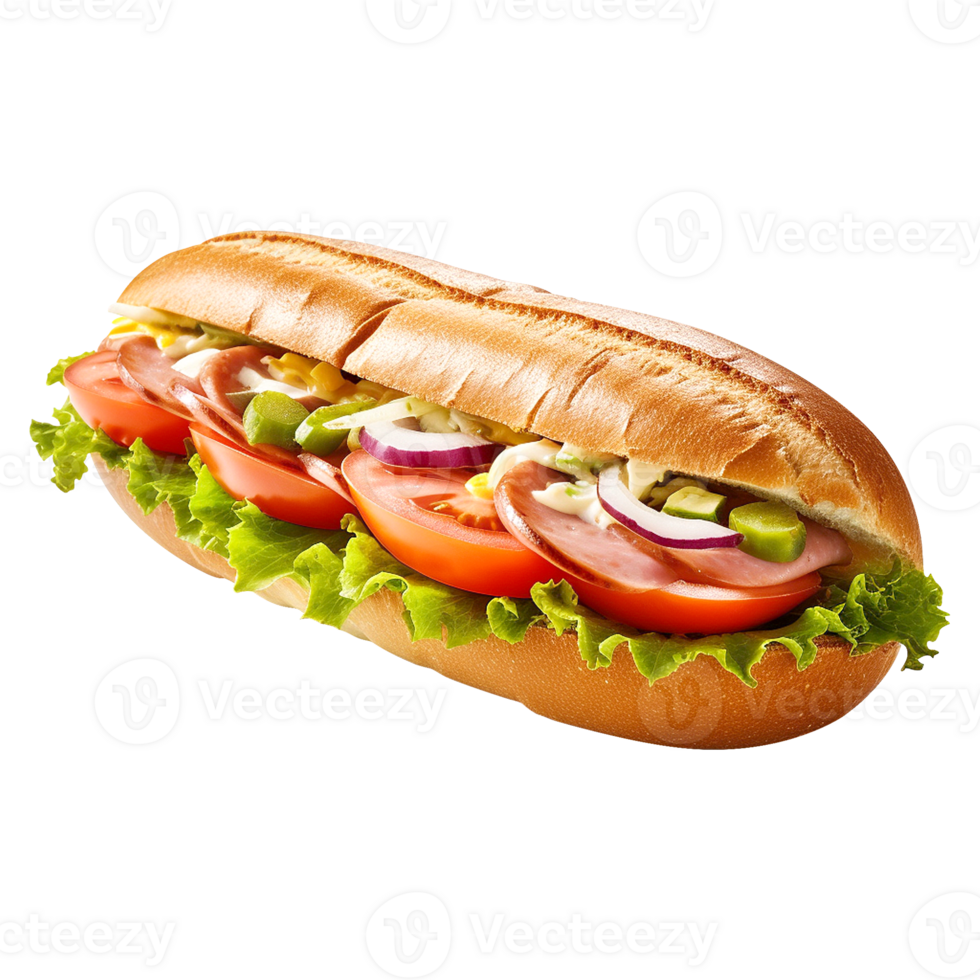 Delicious stacked sub sandwich with ham, cheddar cheese, and garden-fresh toppings isolated on transparent background png