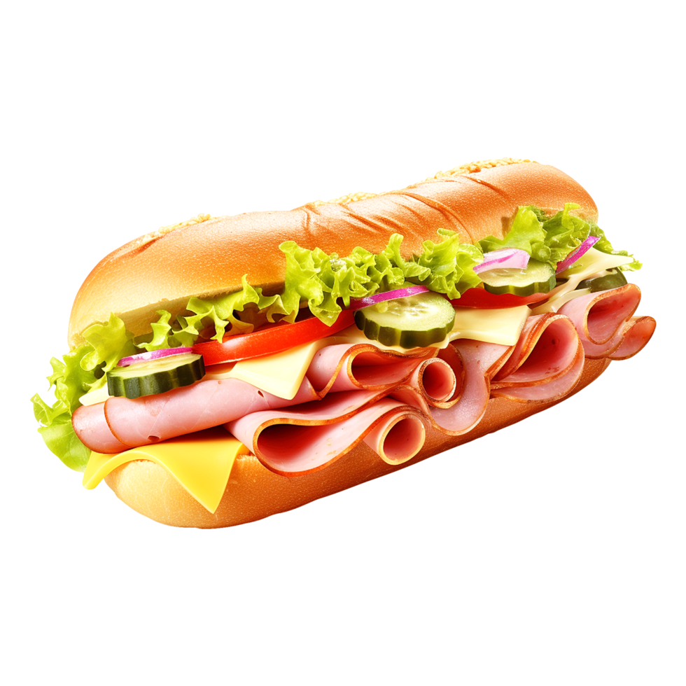 Hearty submarine sandwich loaded with ham, melted cheese, and fresh veggies isolated png
