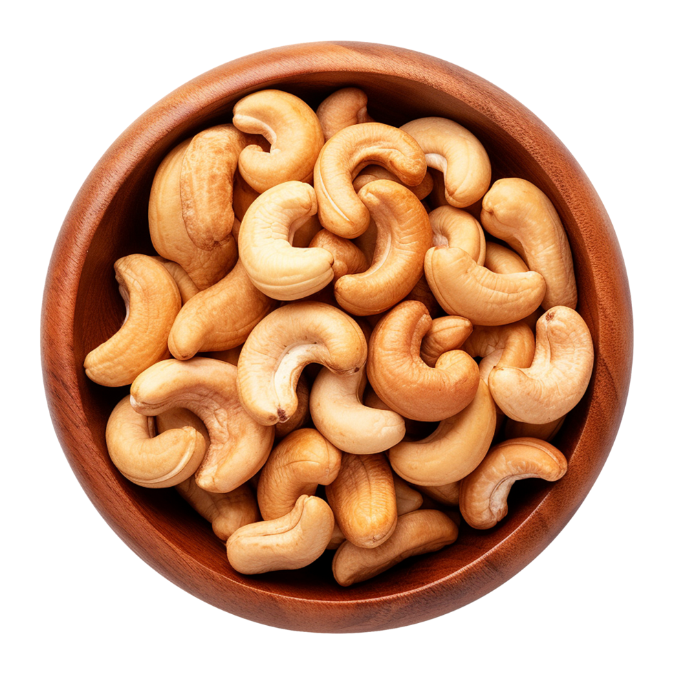 Nutritious roasted cashew nuts in a rustic wooden container isolated png