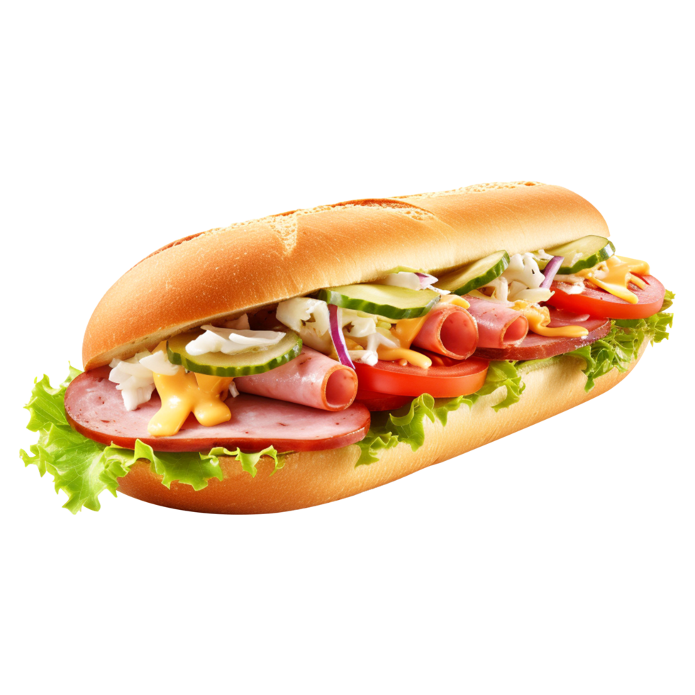 Hearty sub roll loaded with ham, cheese, lettuce, and tomato on transparent background png
