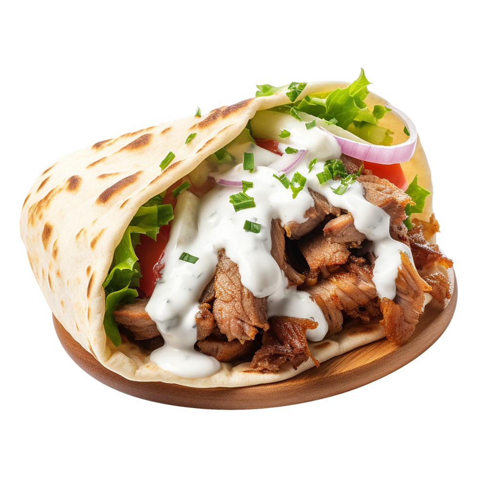 Classic street food gyro pita with lamb and vegetables isolated png