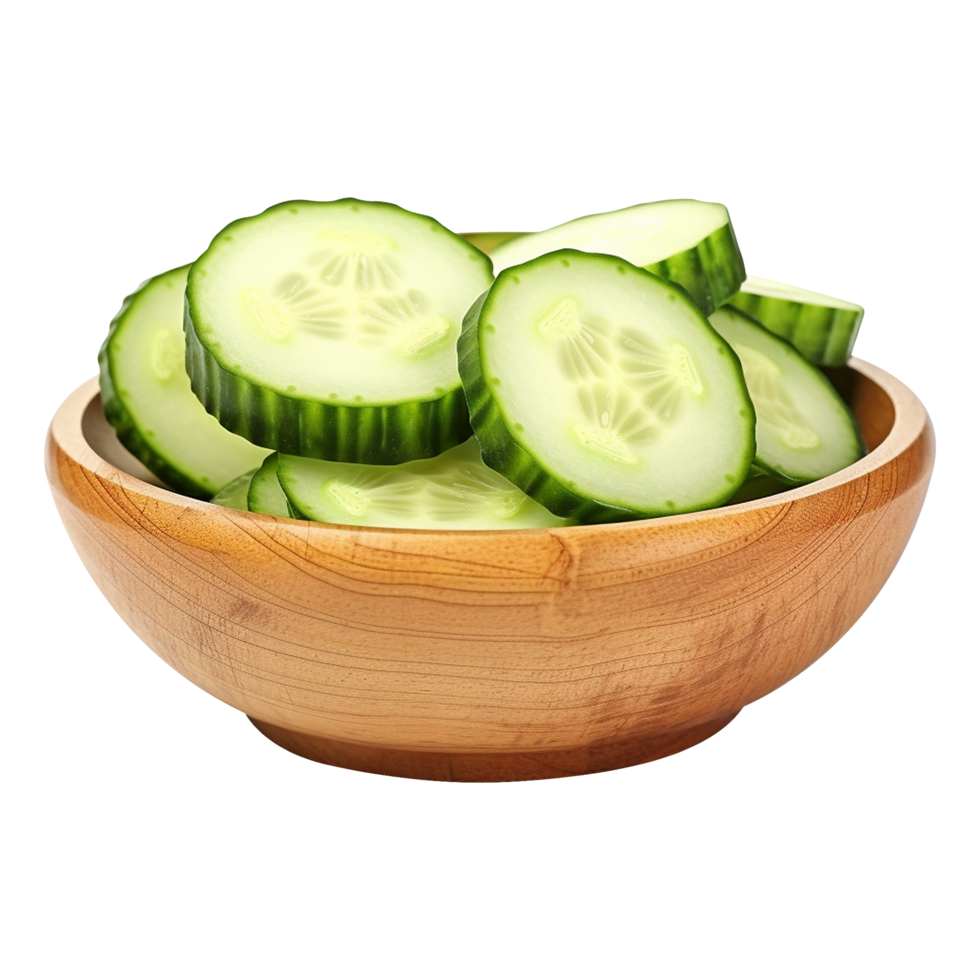 Healthy sliced cucumber in a natural wooden bowl isolated png