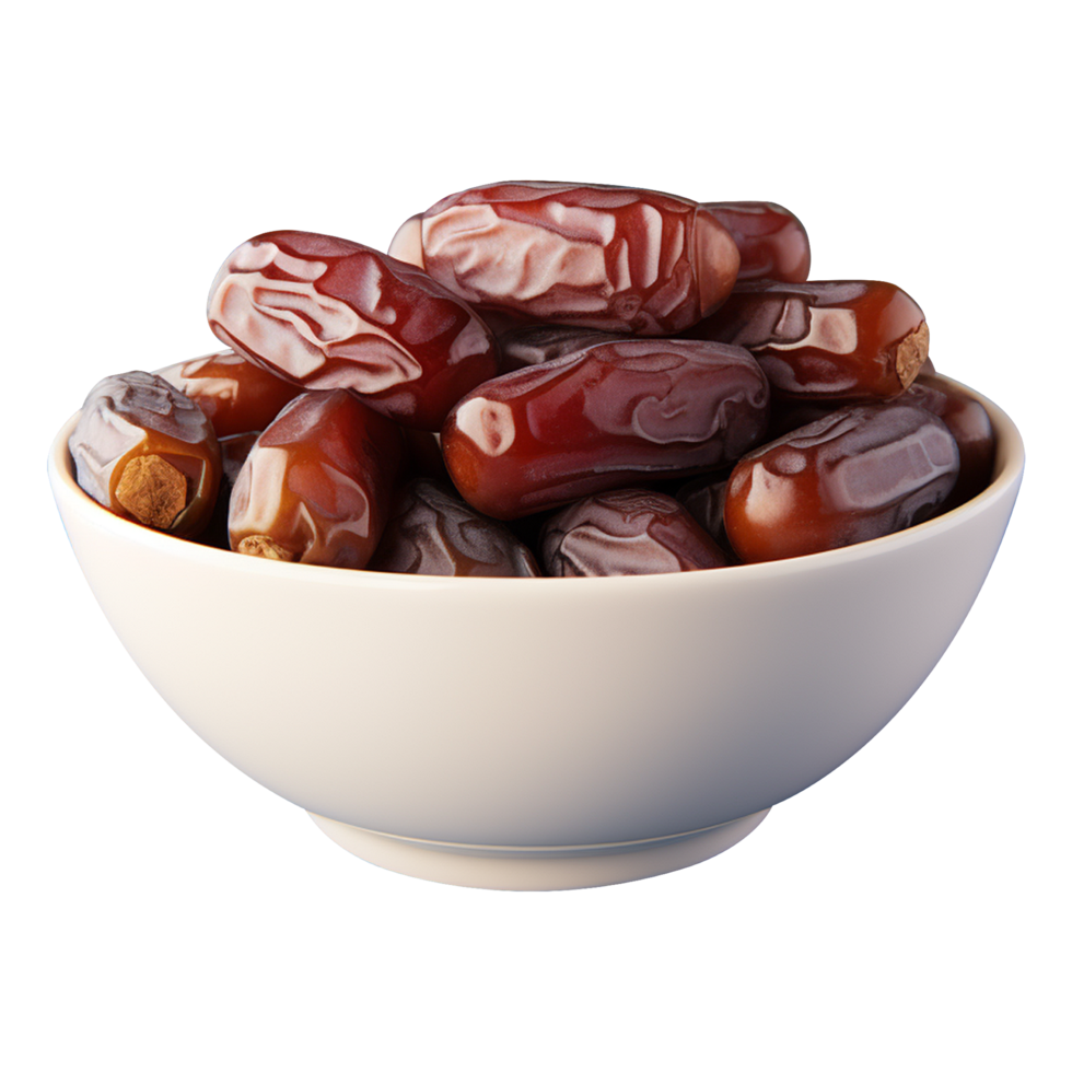 Healthy dates in a smooth white bowl on transparent background png