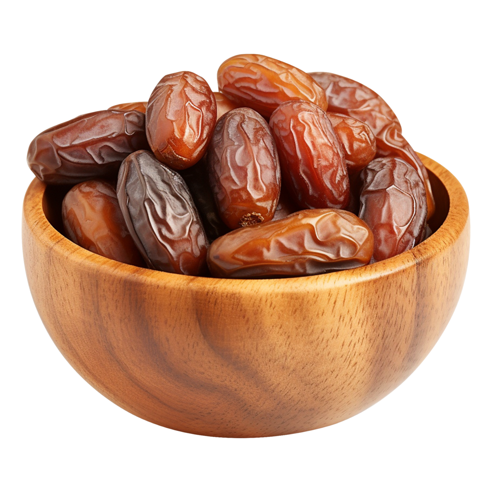 Exotic Arabian dates in a wooden container transparent background png