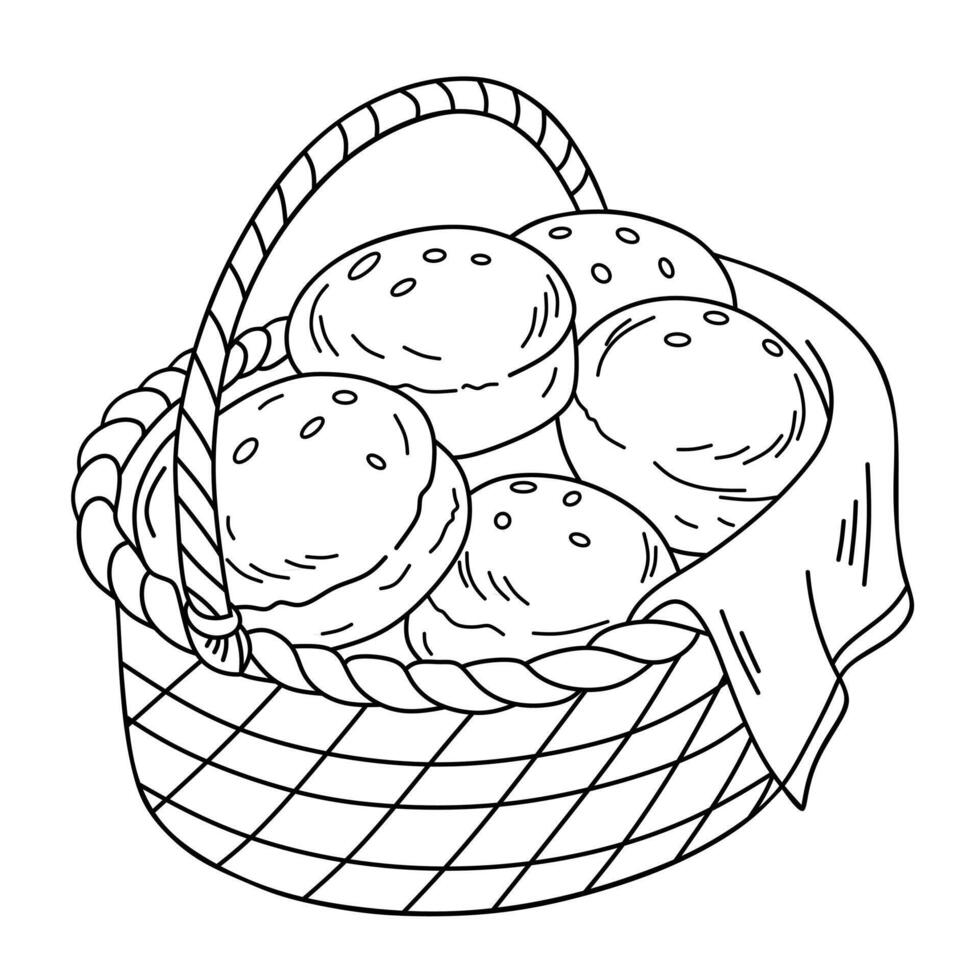 Black and white outline illustration of bread rolls in a woven basket with a cloth. Perfect for coloring pages, bakery designs, menu templates, or culinary themed microstock content. vector
