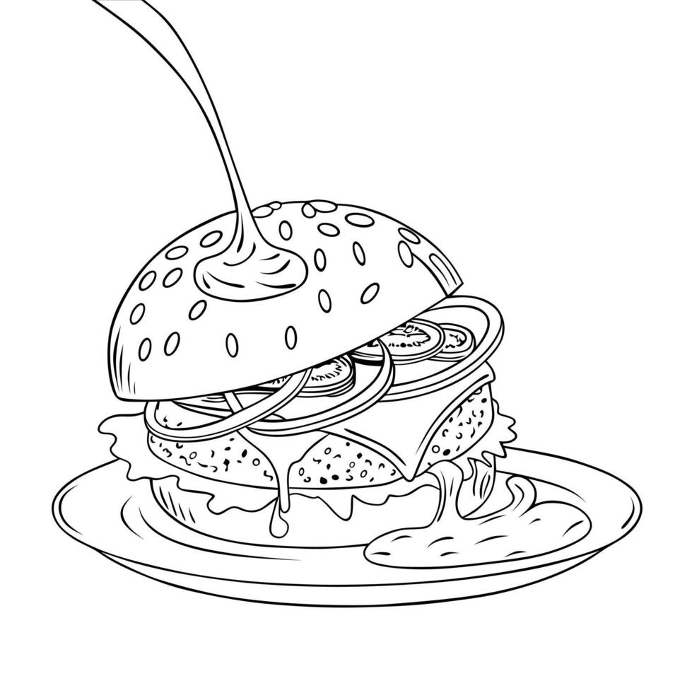 A simple line illustration of a burger served on a plate with sauce being poured. Perfect for design materials, coloring books, or creative food projects. vector