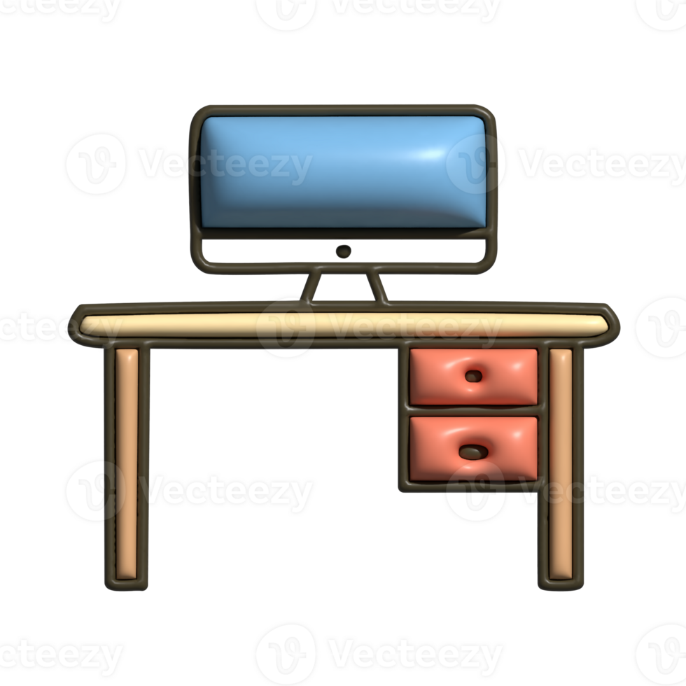 3D Computer Desk Icon with Blue Monitor and Red Drawers png