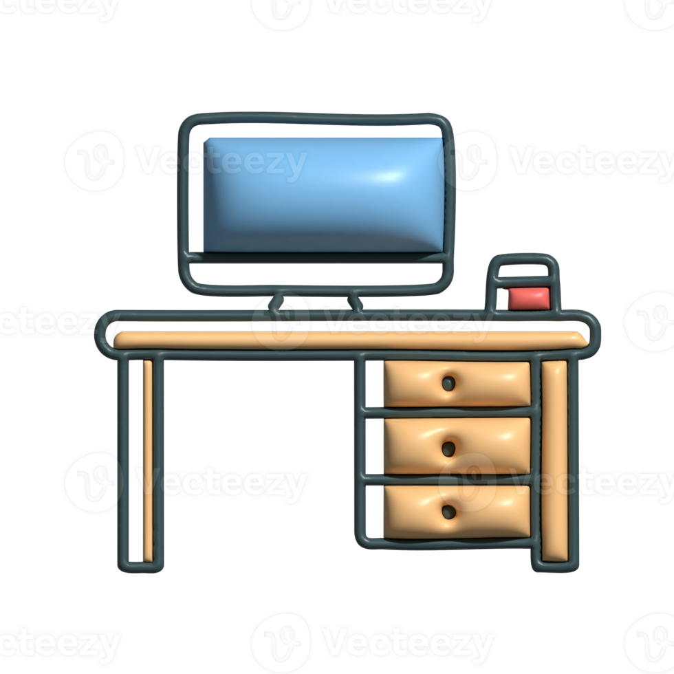 3D Office Desk Icon with Computer Monitor and Drawers png