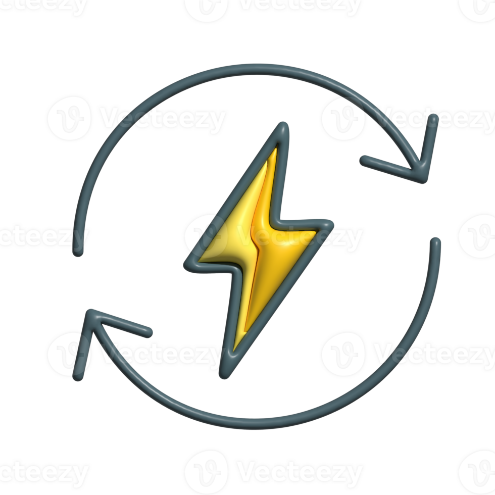 3D Energy Recharge Icon with Lightning Bolt and Circular Arrows png