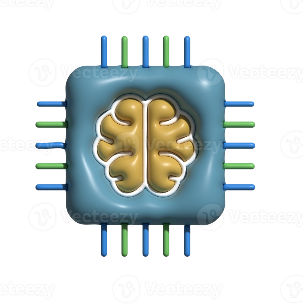 3D AI Processor Icon with Brain and Multicolor Pins png