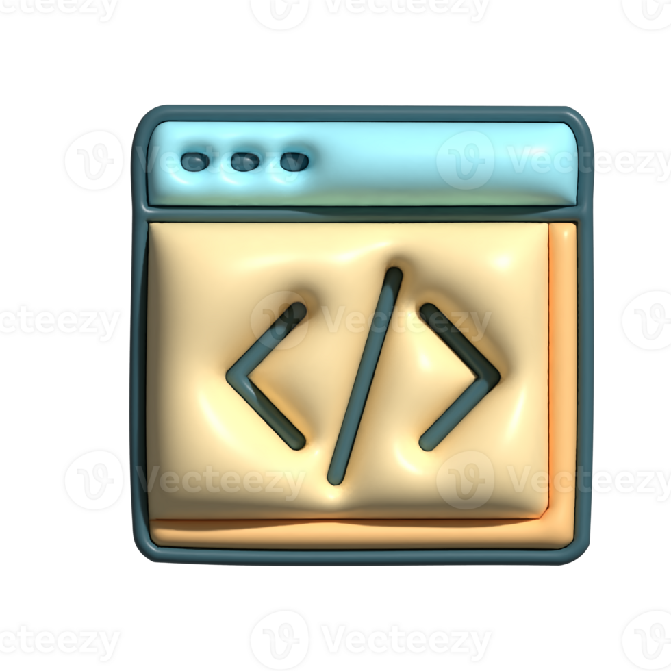 3D Coding Window Icon with HTML Code Symbols in Blue and Yellow png