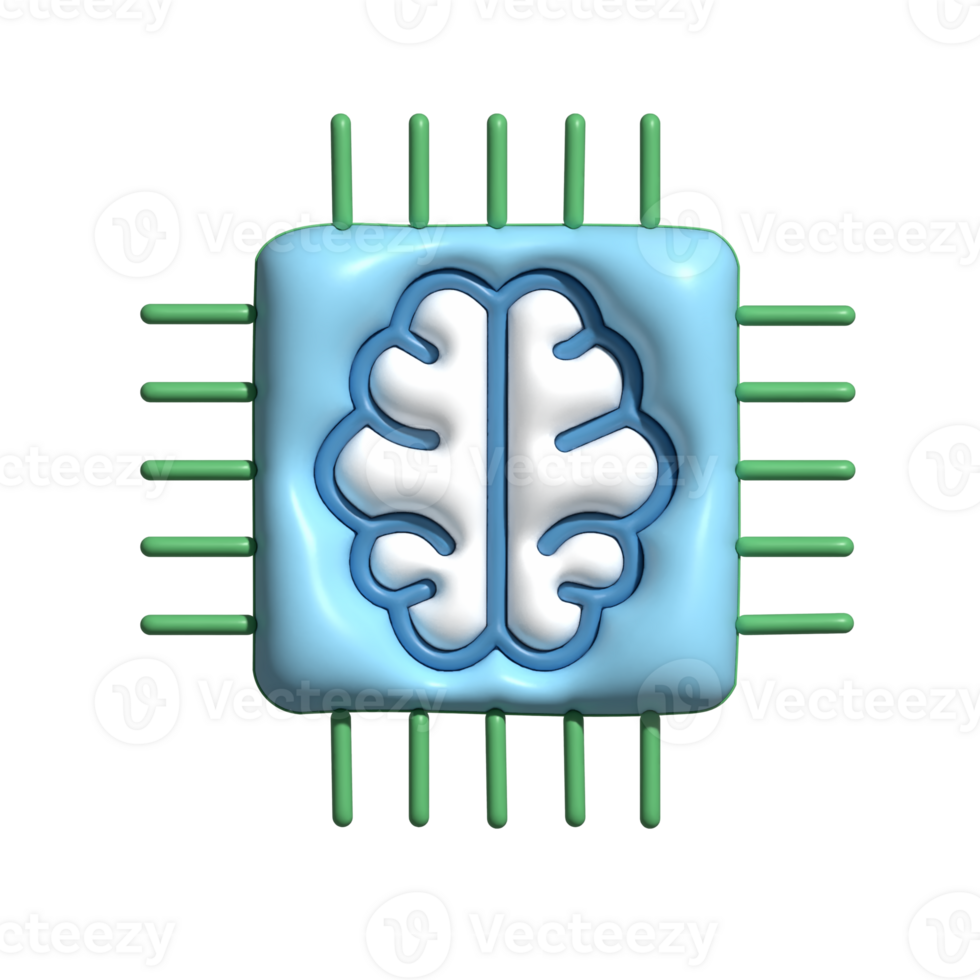 3D AI Chip Icon with Brain Symbol and Green Circuit Pins png