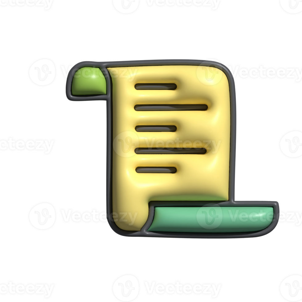3D Scroll Document Icon with Yellow Paper and Green Edges png