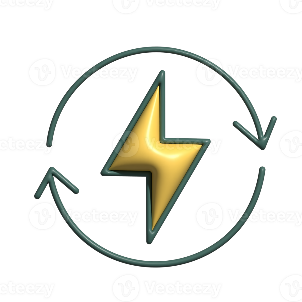 3D Power Cycle Icon with Yellow Lightning Bolt and Circular Arrows png