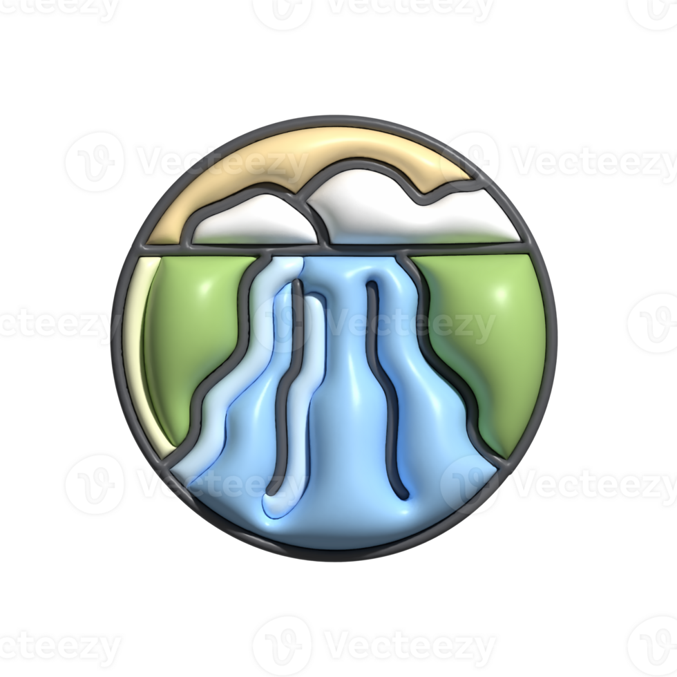 3D Waterfall Icon with Mountains and Green Landscape png