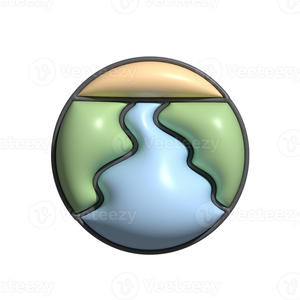3D Nature Landscape Icon with River and Green Fields png