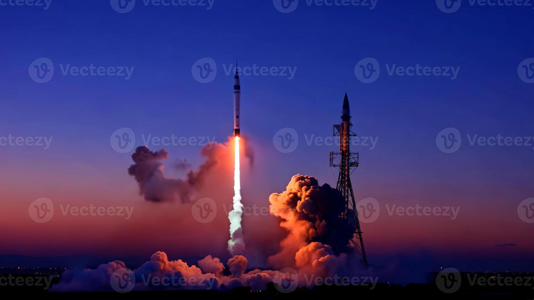 Rocket launch pad into space. Throttle rocket engines starting with thrust fuel coming out photo