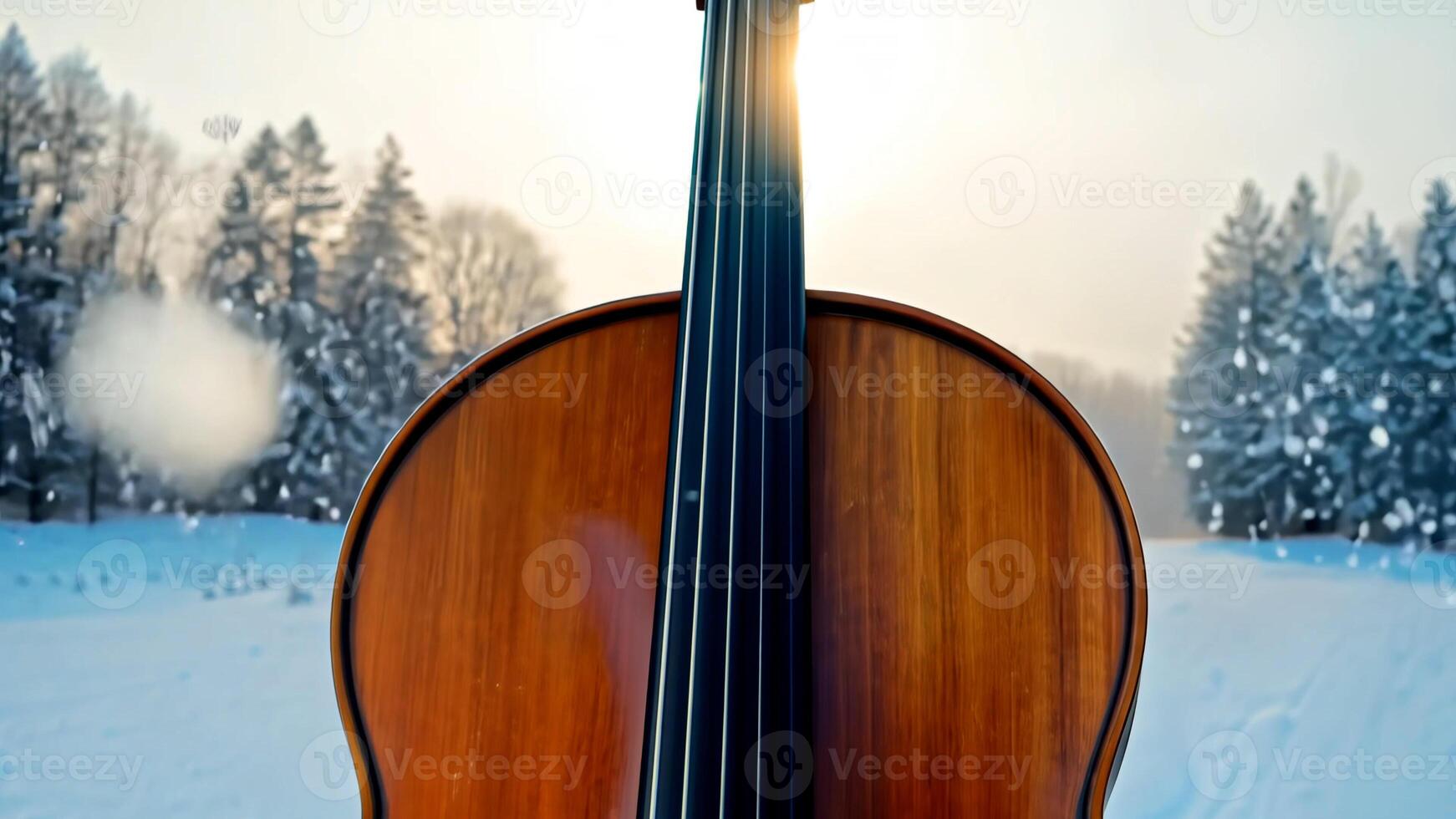 Violin cello standing in winter nature. Inspiration for creativity, classic music and arter photo