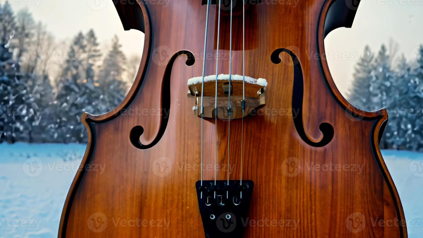 Violin cello standing in thewinter nature. Inspiration for creativity, classic music and art photo