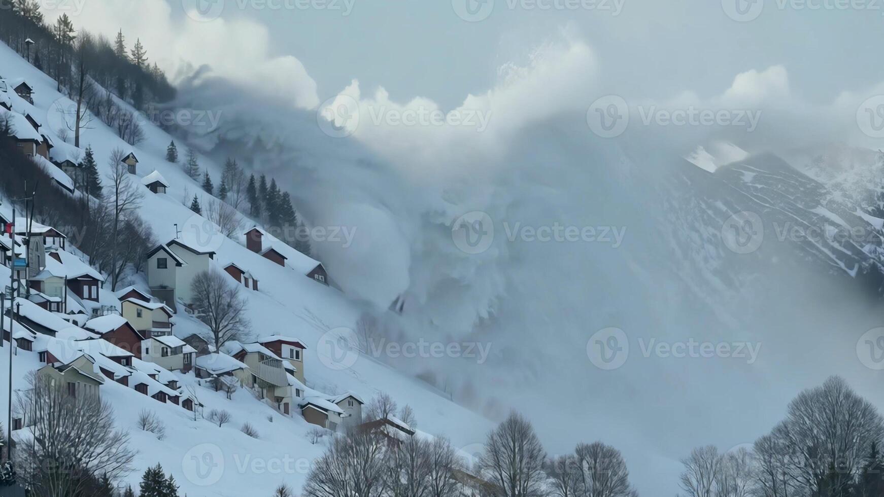 Powerful snow avalanche moving down the slope with huge splashes of snow and causing destruction and death. photo