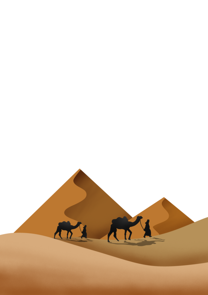 A desert scene with camels and people walking png