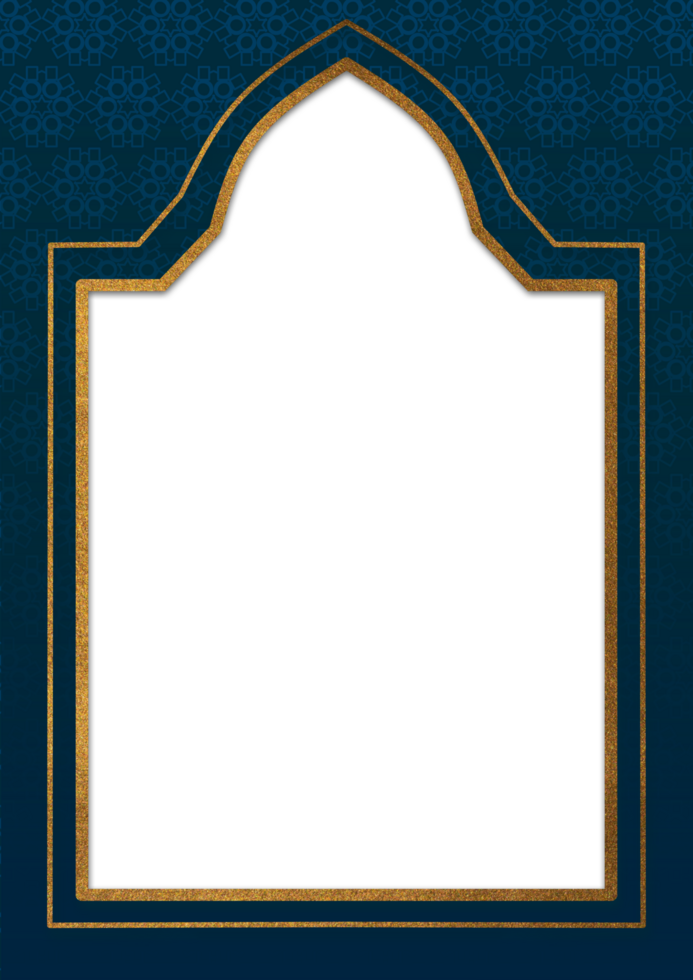 An islamic frame with gold border on a blue background png