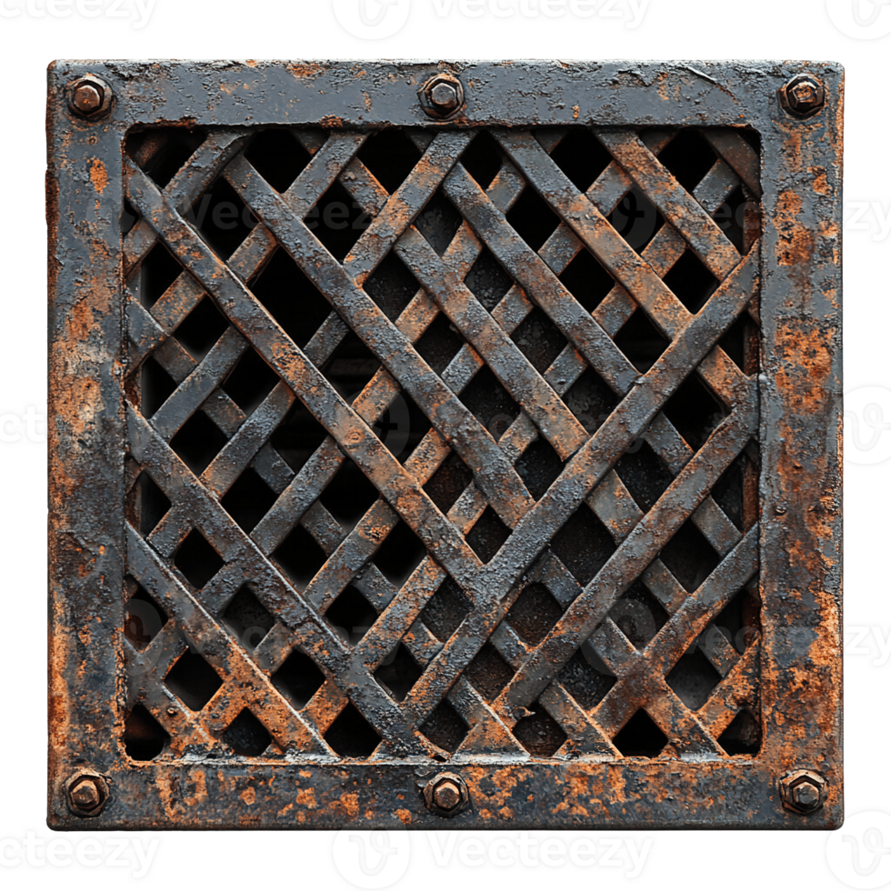 Vintage iron grate with bolts and distressed rust pattern detail isolated on transparent background png
