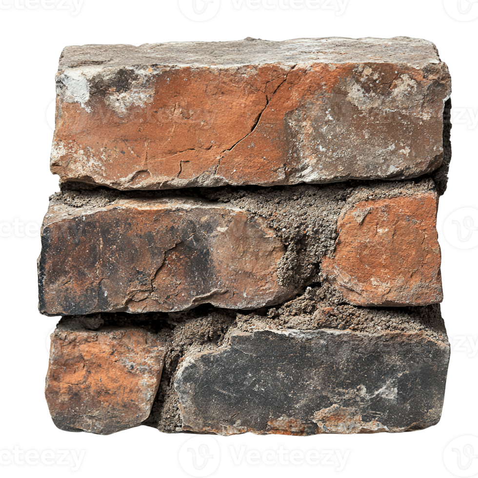 Distressed red and gray brick with cracked surface and rustic feel isolated on transparent background png