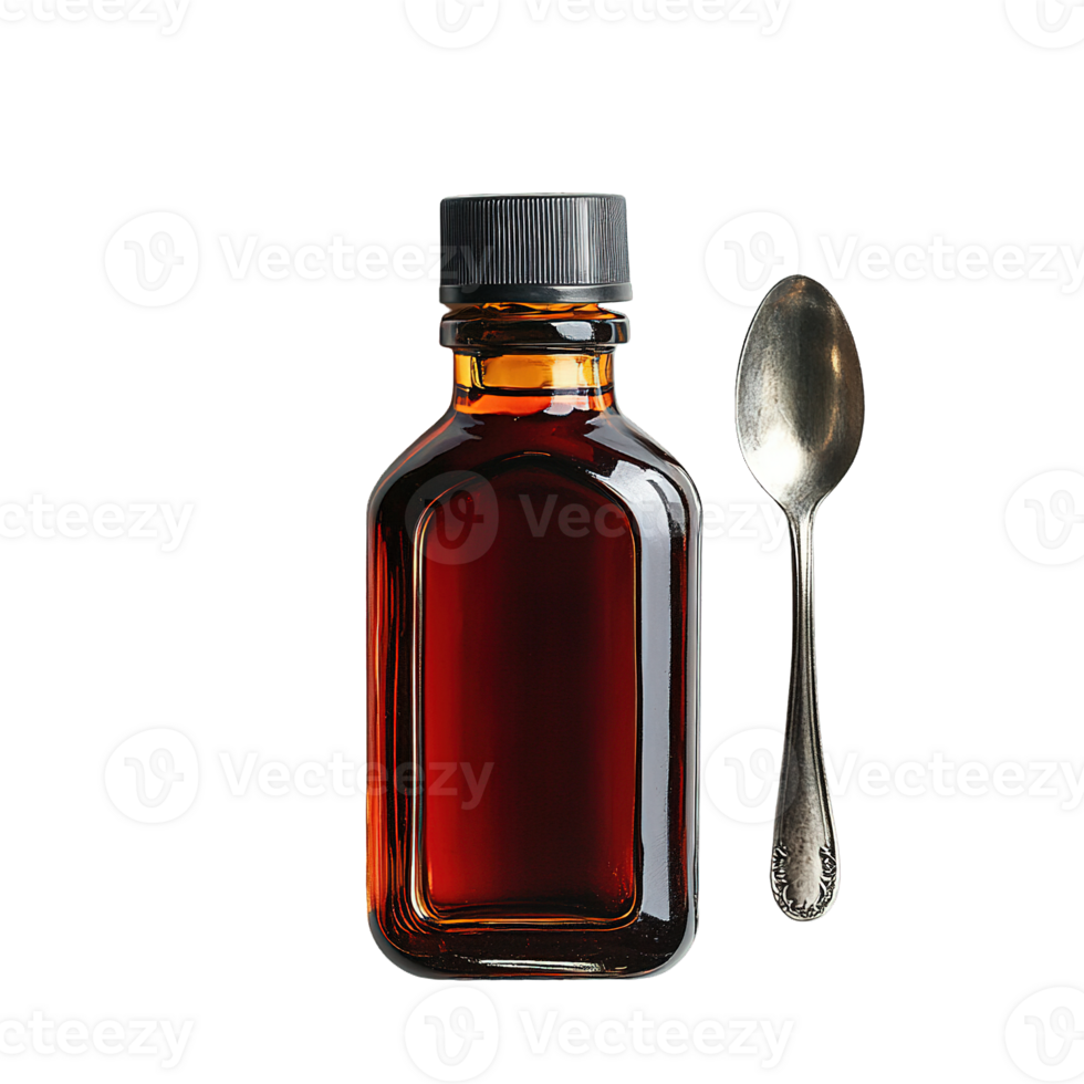 Liquid Medicine in a Dark Brown Bottle with Dosage Spoon Isolated on Transparent Background png
