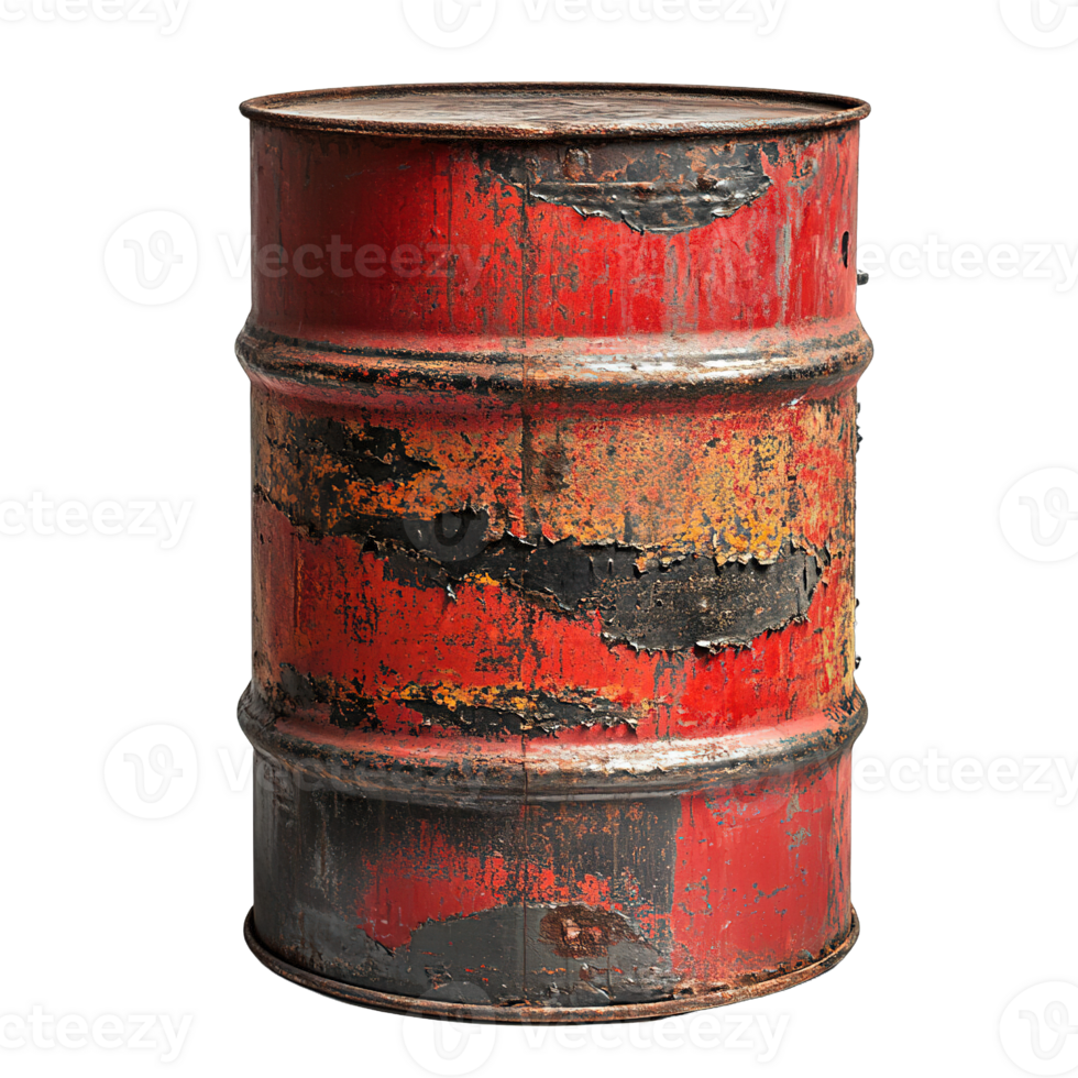 Aged metal barrel with weathered surface rust dents and vibrant colors isolated on transparent background png