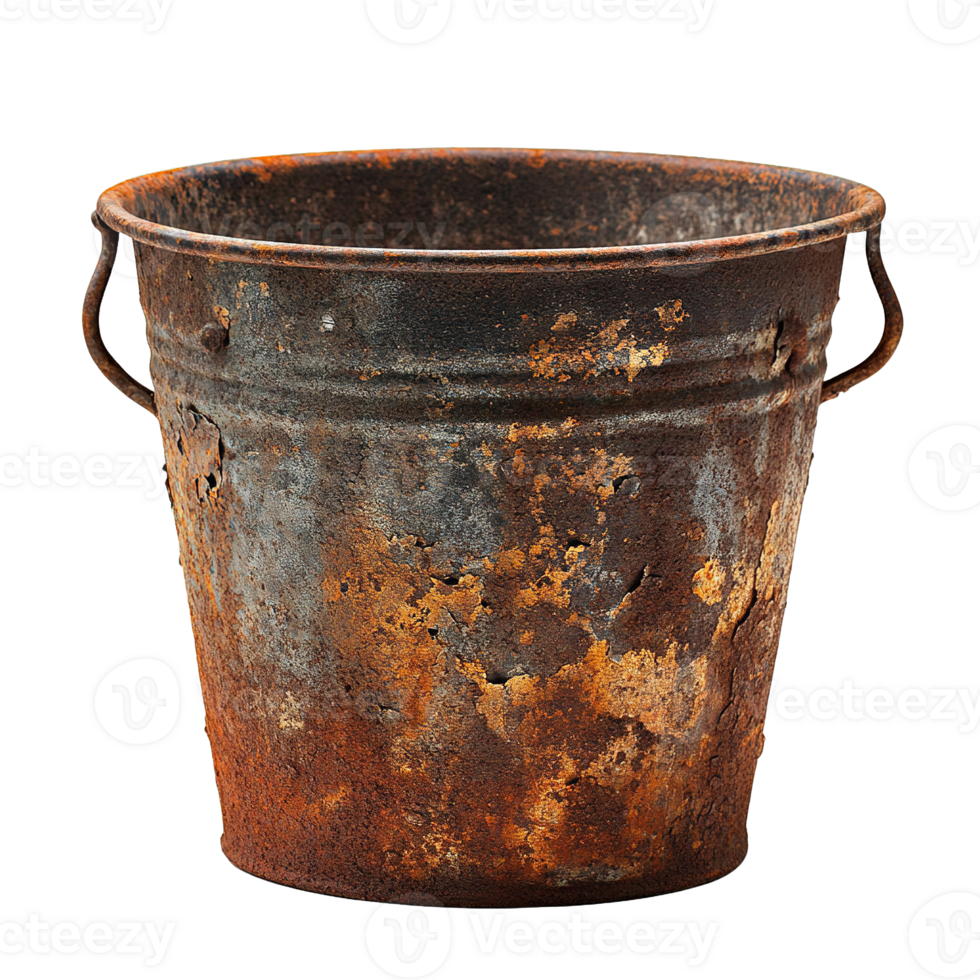 Vintage metal bucket with rust patches and industrial weathered texture isolated on transparent background png