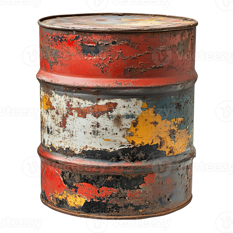 Distressed industrial oil drum with chipped paint and rustic texture isolated on transparent background png