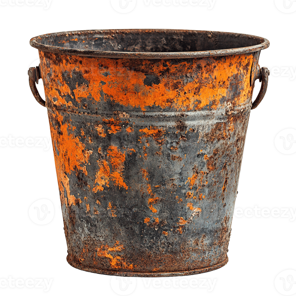 Industrial old metal bucket with worn surface and rough finish isolated on transparent background png