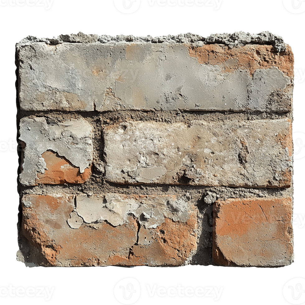Brick structure with natural weathered patina and cracks isolated on transparent background png